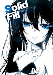 Rule 34 | 10s, 1girl, bikini, bikini top only, black hair, black rock shooter, black rock shooter (character), blue eyes, breasts, female focus, g-ist, long hair, monochrome, simple background, solo, spot color, swimsuit, white background