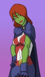 Rule 34 | 1girl, alien, cape, colored skin, dc comics, gloves, green skin, long hair, miss martian, red hair, solo, superhero costume, usmanhayat, young justice