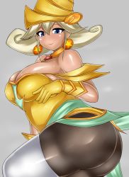 Rule 34 | 1girl, absurdres, ass, bare shoulders, blonde hair, blue eyes, breasts, cleavage, duel monster, earrings, gloves, hat, highres, huge ass, jewelry, large breasts, lemon magician girl, leotard, long hair, looking at viewer, pantyhose, plump, ryokutoosu, shiny clothes, shiny skin, smile, solo, thighhighs, white thighhighs, wizard hat, yellow gloves, yu-gi-oh!