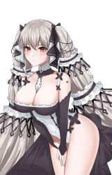 Rule 34 | 1girl, absurdres, azur lane, bare shoulders, between breasts, black dress, black ribbon, breasts, chinese commentary, cleavage, clothing cutout, detached collar, dress, formidable (azur lane), frilled dress, frills, grey hair, hair ribbon, highres, large breasts, leaning forward, long hair, red eyes, ribbon, shoulder cutout, simple background, solo, standing, twintails, two-tone ribbon, v arms, very long hair, white background, white ribbon, yuyu-lyf