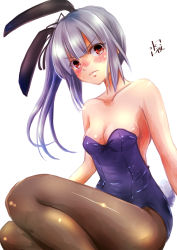 Rule 34 | 1girl, absurdres, alternate costume, animal ears, bare shoulders, blush, breasts, brown eyes, cleavage, fake animal ears, grey hair, highres, kantai collection, kasumi (kancolle), leotard, long hair, looking at viewer, mizuya chiharu, one-hour drawing challenge, pantyhose, playboy bunny, rabbit ears, rabbit girl, rabbit tail, side ponytail, signature, simple background, small breasts, solo, tail, white background