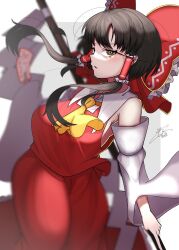 Rule 34 | 1girl, ascot, bare shoulders, blurry, blurry background, breasts, brown eyes, brown hair, commentary request, detached sleeves, expressionless, frilled hair tubes, frilled ribbon, frills, gohei, hair ribbon, hair tubes, hakurei reimu, highres, kaitojaja19980520, large breasts, looking at viewer, nontraditional miko, parted lips, red shirt, red skirt, ribbon, shirt, short hair with long locks, sideboob, signature, simple background, skirt, solo, talisman, touhou, watermark, white background, wide sleeves, yellow ascot
