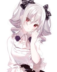 Rule 34 | 1girl, :t, ascot, black bow, black skirt, blush, bow, breasts, closed mouth, collared shirt, flower, grey hair, hair between eyes, hair bow, head tilt, highres, idolmaster, idolmaster cinderella girls, kanzaki ranko, looking at viewer, medium breasts, misumi (macaroni), pout, purple flower, purple rose, red eyes, ringlets, rose, shirt, sidelocks, simple background, skirt, solo, twintails, upper body, white ascot, white background, white shirt