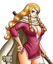 Rule 34 | ass, blonde hair, blue eyes, breasts, cape, cleavage, dress, gerd (one piece), hand on own hip, highres, iury padilha, large breasts, long hair, looking at viewer, one piece, staff, tagme, thighs, wide hips