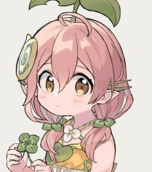 Rule 34 | 1girl, blush, closed mouth, clover, criss-cross halter, dress, eno (preno gb), four-leaf clover, granblue fantasy, grey background, hair ornament, halterneck, long hair, looking at viewer, low twintails, pink hair, short twintails, simple background, skirt hold, sleeveless, sleeveless dress, solo, sprout on head, twintails, upper body, yellow dress, yellow eyes, yggdrasil (granblue fantasy)