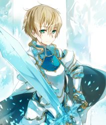Rule 34 | 10s, 1boy, armor, blonde hair, blood, bloody tears, eugeo, gradient background, green eyes, jianmo sl, male focus, official style, short hair, solo, sword, sword art online, weapon, white background