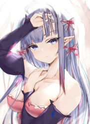 Rule 34 | 1girl, absurdres, ahoge, arm up, blue eyes, blunt bangs, blush, breasts, broken horn, cleavage, closed mouth, collarbone, commentary request, detached sleeves, expressionless, hair ribbon, hand in own hair, highres, horns, long sleeves, looking at viewer, mathiamo13, medium breasts, multicolored hair, original, pointy ears, red hair, red ribbon, ribbon, silver hair, solo, strapless, streaked hair, two-tone hair, upper body
