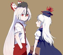 Rule 34 | 2girls, animal, animal on head, blue dress, blue headwear, bow, cat, cat on head, dress, fujiwara no mokou, hair bow, hands in pockets, hat, itomugi-kun, kamishirasawa keine, long hair, looking at another, multiple girls, on head, pants, red eyes, red pants, shirt, shoes, short sleeves, suspenders, sweatdrop, torn clothes, torn sleeves, touhou, white hair, white shirt