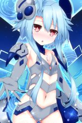 Rule 34 | 10s, 1girl, ahoge, blanc (neptunia), blue hair, blush, chestnut mouth, dark persona, gloves, haru blanc0316, highres, leotard, long hair, looking at viewer, navel, nepnep connect: chaos chanpuru, neptune (series), open mouth, power symbol, power symbol-shaped pupils, red eyes, short hair with long locks, sidelocks, solo, symbol-shaped pupils, tattoo, tears, white heart (chaos form), white heart (neptunia)