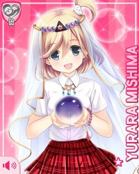 Rule 34 | 1girl, beads, blonde hair, bracelet, crystal ball, girlfriend (kari), grey eyes, hexagram, jewelry, looking at viewer, mishima yurara, necklace, neckwear request, official art, open mouth, pink background, plaid, plaid skirt, qp:flapper, red skirt, see-through, short hair, side ponytail, skirt, smile, solo, sparkle, standing, tagme, veil, volume symbol