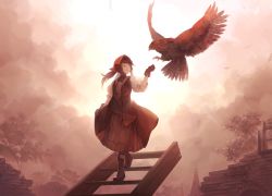 Rule 34 | 1girl, bird, boots, brown hair, cloud, cloudy sky, cross-laced footwear, dress, falcon, falcon (girls&#039; frontline), falconry, girls&#039; frontline, gloves, harufude, highres, lace-up boots, long hair, outstretched arm, sky, solo, stairs, sunset, traditional clothes