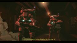 Rule 34 | 1990s (style), anime coloring, armor, english text, fake screenshot, gun, hallway, letterboxed, lights, mecha, military, no humans, original, power armor, retro artstyle, robot, science fiction, smoke, subtitled, w a v e, weapon