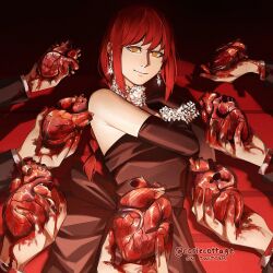 Rule 34 | 1girl, black dress, black gloves, blood, blood on hands, bracelet, braid, braided ponytail, chainsaw man, cosiecottage, dark, dress, earrings, elbow gloves, gloves, gradient background, heart, heart (organ), highres, holding, holding heart, jewelry, looking at viewer, makima (chainsaw man), medium hair, multiple others, necklace, red hair, red theme, ringed eyes, sidelocks, smile, solo focus, strapless, strapless dress, twitter username, yellow eyes