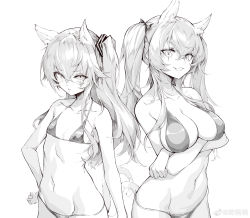 Rule 34 | 2girls, absurdres, animal ears, arm under breasts, bikini, breast hold, breasts, cat ears, cat tail, cleavage, cowboy shot, crossed arms, fang, flat chest, girls&#039; frontline, greyscale, hand on own hip, highres, kemonomimi mode, large breasts, long hair, monochrome, multiple girls, navel, one side up, scar, scar across eye, scar on face, shanyao jiang tororo, simple background, string bikini, swimsuit, tail, twintails, ump45 (girls&#039; frontline), ump9 (girls&#039; frontline), weibo watermark, white background