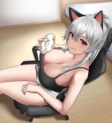 Rule 34 | 1girl, :q, animal ears, bare arms, bare shoulders, black shirt, breasts, camisole, cat ears, chair, cleavage, closed mouth, commission, dolphin shorts, doughnut, eating, food, from above, grey hair, highres, holding, holding food, indoors, kekek, large breasts, long hair, looking at viewer, looking up, micro shorts, office chair, original, ponytail, red eyes, shirt, shirt tucked in, short shorts, shorts, sitting, smile, solo, spaghetti strap, swivel chair, thighs, tongue, tongue out, white shorts