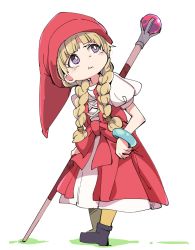 Rule 34 | 1girl, :t, blonde hair, bow, braid, child, closed mouth, dragon quest, dragon quest xi, dress, hair over shoulder, hat, ixy, long hair, looking up, pout, pouty lips, purple eyes, red dress, red hat, simple background, solo, staff, standing, twin braids, veronica (dq11), waist bow, white background