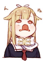 Rule 34 | 1girl, black ribbon, blonde hair, commentary request, hair flaps, hair ornament, hair ribbon, hairclip, kantai collection, licking, long hair, looking up, neckerchief, red eyes, red neckerchief, ribbon, scarf, simple background, solo, tongue, tongue out, upper body, uyama hajime, white scarf, yuudachi (kancolle), yuudachi kai ni (kancolle)