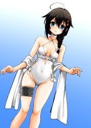 Rule 34 | 1girl, ahoge, blue eyes, braid, breasts, casual one-piece swimsuit, choker, cosplay, covered navel, criss-cross halter, frilled one-piece swimsuit, frilled swimsuit, frills, gouta (nagishiro6624), hair flaps, hair ornament, hair over shoulder, halterneck, highleg, highleg swimsuit, highres, kantai collection, one-piece swimsuit, sagiri (kancolle), sagiri (kancolle) (cosplay), shawl, shigure (kancolle), shigure kai ni (kancolle), side-tie swimsuit, single braid, small breasts, solo, standing, swimsuit, thigh strap, white choker, white one-piece swimsuit, white shawl