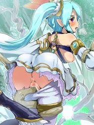 Rule 34 | 1girl, anus, ass, blue hair, blush, boris (noborhys), breasts, censored, clothes lift, clothes pull, detached sleeves, hyrule warriors, jewelry, lana (hyrule warriors), long hair, lots of jewelry, nintendo, nipples, pants, pants pull, ponytail, puffy nipples, purple eyes, pussy, rape, restrained, skirt, skirt lift, solo, sweat, tentacles, the legend of zelda, vaginal