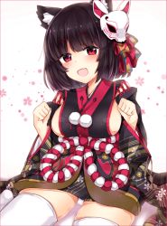 Rule 34 | 1girl, :d, animal ears, azur lane, bad id, bad pixiv id, black hair, breasts, cat ears, cat mask, commentary request, japanese clothes, looking at viewer, mask, open mouth, panties, pantyshot, paw pose, red eyes, shikino (sikinonono), short hair, sideboob, sitting, smile, solo, thighhighs, underwear, white panties, white thighhighs, yamashiro (azur lane), zettai ryouiki