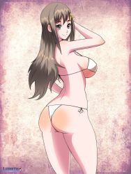 Rule 34 | 1girl, ass, atelier (series), atelier totori, bare shoulders, bikini, breasts, brown eyes, brown hair, cecilia helmold, closed mouth, female focus, hair ornament, hairpin, highres, large breasts, layerth, long hair, looking at viewer, looking back, shiny skin, sideboob, smile, solo, swimsuit
