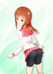 Rule 34 | 1boy, ass, bad id, bad pixiv id, bike shorts, blush, brown hair, bulge, hair ornament, highres, leaning, leaning forward, long hair, looking at viewer, male focus, natsusora wakana, novady, open mouth, orange eyes, original, school uniform, shiny clothes, skirt, smile, solo, trap
