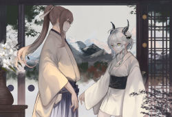 Rule 34 | absurdres, braid, brown eyes, brown hair, brown kimono, closed mouth, commentary request, grey hair, grey hakama, hair between eyes, hakama, hakama skirt, highres, horns, japanese clothes, kimono, long hair, long sleeves, obi, ori (momonimo), original, pointy ears, ponytail, profile, sash, skirt, smile, twin braids, very long hair, white kimono, wide sleeves, yellow eyes