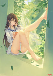 Rule 34 | 1girl, :d, artist name, atdan, barefoot, blush, book, breasts, brown hair, commentary, day, english commentary, english text, feet, full body, hair between eyes, hand on own face, highres, leaf, leg up, long hair, looking at viewer, medium breasts, open book, open mouth, original, pen, plant, pleated skirt, school uniform, shirt, signature, sitting, skirt, smile, solo, toes, white shirt, yellow eyes