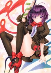 Rule 34 | 1girl, alternate eye color, alternate hair color, asymmetrical wings, black dress, black thighhighs, bow, bowtie, breasts, center frills, dress, footwear ribbon, frills, funnyfunny, houjuu nue, looking at viewer, marker (medium), medium breasts, over-kneehighs, polearm, puffy sleeves, purple eyes, purple hair, red bow, red bowtie, red footwear, red ribbon, ribbon, shoes, short dress, smile, snake, solo, thighhighs, touhou, traditional media, trident, weapon, wings
