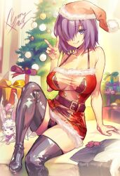 Rule 34 | 1girl, :q, black bra, black footwear, black panties, boots, bra, breasts, christmas, christmas tree, commentary, commentary request, dress, dynamitenatalia, english commentary, fate/grand order, fate (series), fou (fate), fur-trimmed dress, fur-trimmed headwear, fur trim, hair over one eye, hand up, hat, indoors, large breasts, looking at viewer, mash kyrielight, merry christmas, mixed-language commentary, panties, pom pom (clothes), purple eyes, purple hair, red dress, red hat, santa dress, santa hat, short dress, short hair, sitting, smile, solo, thigh boots, thighs, tongue, tongue out, underwear, v
