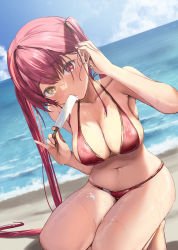 Rule 34 | 1girl, absurdres, arenoyoni, beach, bikini, blue sky, breasts, cleavage, collarbone, earrings, food, heart, heart earrings, heterochromia, highres, hololive, houshou marine, houshou marine (summer), jewelry, large breasts, long hair, navel, ocean, pinky out, popsicle, red bikini, red eyes, red hair, sand, sky, solo, squatting, stomach, swimsuit, thighs, twintails, very long hair, virtual youtuber, water, wet, yellow eyes