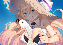 Rule 34 | 1girl, :q, absurdres, anger vein, artist name, bare shoulders, between breasts, bianka durandal ataegina, bikini, bird, black bikini, black choker, blonde hair, blue background, blue eyes, blush, bow, breasts, choker, closed mouth, commentary, detached collar, duck, floating hair, gradient background, hair between eyes, hat, highres, honkai (series), honkai impact 3rd, jewelry, large breasts, long hair, looking at viewer, skindentation, smile, solo, straw hat, sun hat, swan, swimsuit, tongue, tongue out, upper body, very long hair, vierzeck, white bow, wing collar