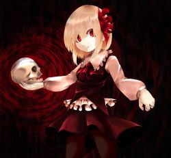 Rule 34 | 1girl, bad id, bad pixiv id, blonde hair, blood, blood in mouth, embodiment of scarlet devil, female focus, frills, minnu, rumia, skull, solo, standing, touhou