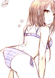 Rule 34 | 1girl, arched back, ass, bare arms, bare shoulders, bikini, blush, brown hair, chita (ketchup), closed mouth, copyright request, leaning forward, looking at viewer, looking back, purple bikini, red eyes, side-tie bikini bottom, signature, simple background, solo, star (symbol), striped bikini, striped clothes, swimsuit, white background