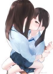 Rule 34 | 2girls, ama mitsuki, artist name, bare legs, blue skirt, blush, brown eyes, brown hair, chair, closed mouth, collared shirt, commentary request, dated, eye contact, hand on another&#039;s arm, long hair, looking at another, multiple girls, original, pleated skirt, school chair, school uniform, shirt, simple background, sitting, sitting on lap, sitting on person, skirt, straight hair, sweatdrop, twintails, white background, white shirt, yuri
