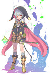Rule 34 | 1girl, ahoge, book, boots, cape, full body, fur-trimmed cape, fur trim, grey hair, grey socks, holding, holding wand, kneehighs, long sleeves, original, puffy long sleeves, puffy sleeves, red eyes, shadow, socks, solo, sparkle, standing, tajima ryuushi, thigh strap, thighs, wand, white background, wizard