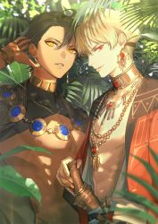 Rule 34 | 2boys, abs, ahoge, bare pectorals, blonde hair, bracelet, brown hair, cape, commentary request, dark-skinned male, dark skin, earrings, egyptian clothes, fate/grand order, fate (series), gilgamesh (fate), gilgamesh (sumerian garb) (fate), highres, holding, jewelry, long sleeves, looking at viewer, male focus, multiple boys, necklace, nipples, no tattoo, official alternate costume, ozymandias (fate), pectorals, red eyes, short hair, signature, smile, sunlight, takashi (huzakenna), toned, toned male, topless male, upper body, yellow eyes