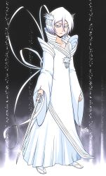 Rule 34 | 1girl, absurdres, bleach, blue eyes, closed mouth, dress, hakka no togame (bankai), highres, kuchiki rukia, looking at viewer, mistowing, short hair, simple background, solo, sword, weapon, white dress, white hair