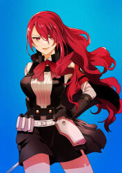 Rule 34 | 1girl, armband, black gloves, black skirt, blue background, closed mouth, commentary, floating hair, gloves, hand on own hip, highres, holding, holding sword, holding weapon, kirijou mitsuru, kyougetsu (junrai), lips, long hair, long sleeves, looking at viewer, neck ribbon, official alternate costume, persona, persona 3, persona 3 reload, pink lips, red armband, red eyes, red hair, red ribbon, ribbon, simple background, skirt, smile, solo, sword, weapon