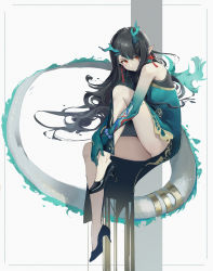Rule 34 | absurdres, arknights, bare legs, bead bracelet, beads, black footwear, black hair, blue dress, blue fire, blue hair, border, bracelet, china dress, chinese clothes, closed mouth, colored skin, dragon girl, dragon horns, dragon tail, dress, dusk (arknights), dusk (everything is a miracle) (arknights), earrings, fiery tail, fire, from side, full body, gradient skin, green skin, high heels, highres, horns, invisible chair, jewelry, knee up, long hair, looking at viewer, looking to the side, mtzgd, multicolored hair, official alternate costume, own hands together, pointy ears, red eyes, sitting, sleeveless, smile, streaked hair, tail, tassel, tassel earrings, thighs, two-tone background, two-tone hair, very long hair, white background
