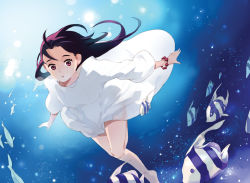 1girl bracelet dress female_focus fish gradient_background jewelry long_hair purple_eyes purple_hair solo tiru