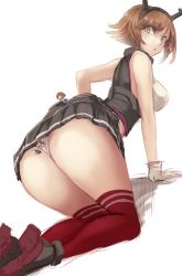 Rule 34 | 10s, 3girls, ass, black skirt, boots, breasts, brown hair, fairy (kancolle), giant, giantess, gloves, green eyes, halterneck, headgear, kantai collection, kneeling, large breasts, looking back, mini person, minigirl, multiple girls, mutsu (kancolle), panties, pleated skirt, red footwear, red legwear, rudder footwear, short hair, size difference, skirt, solo focus, striped clothes, striped legwear, striped skirt, striped thighhighs, thighhighs, underwear, utopia, white gloves, white panties