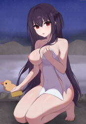 Rule 34 | 1girl, absurdres, barefoot, black hair, blush, braid, breasts, collarbone, commentary request, covering privates, elysion (16869144), feet, hairband, hamidashi creative, hashtag-only commentary, highres, holding, holding sponge, holding towel, kamakura shio, kneeling, large breasts, long hair, looking at viewer, night, night sky, nipples, nude cover, onsen, red eyes, red hairband, rubber duck, sky, solo, sponge, star (sky), starry sky, toenails, toes, towel, very long hair