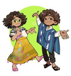 Rule 34 | 1boy, 1girl, alternate color, arm up, black footwear, blue poncho, brown eyes, brown hair, brown pants, camilo madrigal, child, colombian clothing, color switch, cousins, curly hair, dress, encanto, glasses, green-framed eyewear, highres, mirabel madrigal, outstretched hand, pants, pink footwear, poncho, sandals, shirt, skirt, smile, standing, sweetp247, white shirt