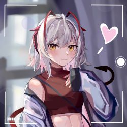 Rule 34 | 1girl, ahoge, arknights, arm up, bare shoulders, beiwushide lr, blurry, blurry background, chinese commentary, commentary request, demon horns, heart, highres, horns, jacket, nail polish, open clothes, picture frame, red nails, short hair, smile, solo, tail, upper body, viewfinder, w (arknights), yellow eyes