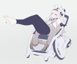 Rule 34 | 1girl, barefoot, black pants, blue archive, feet, flower, foot focus, full body, gloves, grey background, grey hair, hair tubes, hairband, halo, highres, himari (blue archive), long hair, long sleeves, looking at viewer, pants, pointy ears, powered wheelchair, purple eyes, simple background, sitting, solo, very long hair, wheelchair, white flower, yan wan