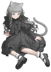 Rule 34 | 1girl, absurdres, animal ears, aqua eyes, black bow, black bowtie, black dress, black footwear, blunt bangs, bow, bowtie, cat ears, cat girl, closed mouth, dress, expressionless, frilled socks, frills, from above, full body, gothic lolita, grey hair, grey tail, hair bow, highres, juliet sleeves, light blush, lolita fashion, long hair, long sleeves, looking at viewer, mary janes, original, puffy sleeves, rairyuu, shoes, simple background, sitting, socks, solo, tail, white background, white socks