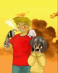 Rule 34 | 00s, 1boy, 1girl, amputee, bando, black hair, brown eyes, cigarette, coat, dog, dress, elfen lied, lowres, mayu (elfen lied), non-web source, otome, prosthesis, puppy, red dress, red eyes, red hair, shirt, smoke, sunglasses, t-shirt, wanta, yellow dress