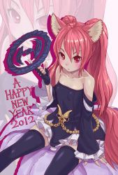 Rule 34 | 1girl, animal ears, bare shoulders, detached sleeves, dog ears, elin, fingerless gloves, gloves, highres, long hair, madbros, red eyes, red hair, sitting, solo, tail, tera online, thighhighs, twintails, weapon, zettai ryouiki