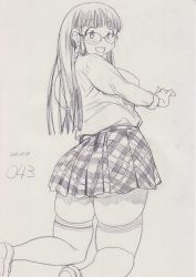 Rule 34 | 1girl, :d, ass, blush, breasts, collared shirt, comic, glasses, kneeling, kobayakawa horan, large breasts, long hair, long sleeves, looking at viewer, looking back, miniskirt, monochrome, nekokami, open mouth, original, plump, shirt, sketch, skindentation, skirt, smile, solo, straight hair, thick thighs, thighhighs, thighs